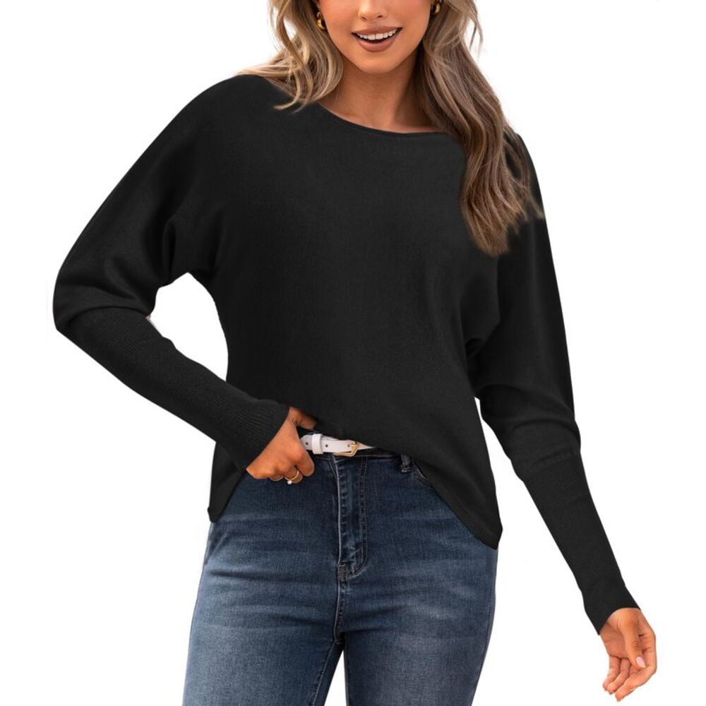 Women Oversized Batwing Boat Neck Knit Sweater Fall Outfits Top Black